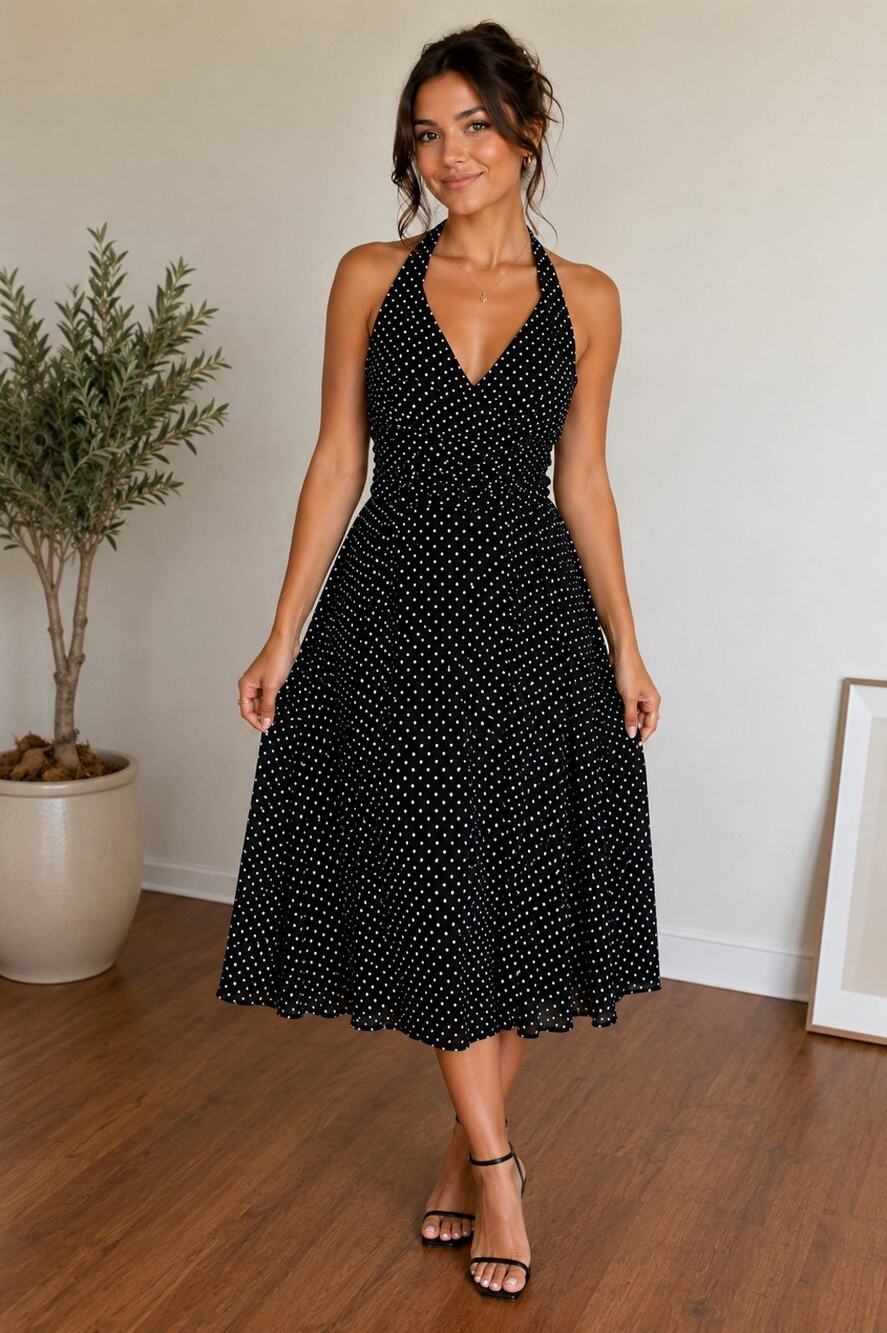 Womens Retro Polka Dot Stretchy Halter Neck Dress Size 14 Vintage 90s Y2K Sleek - Picture 1 of 11